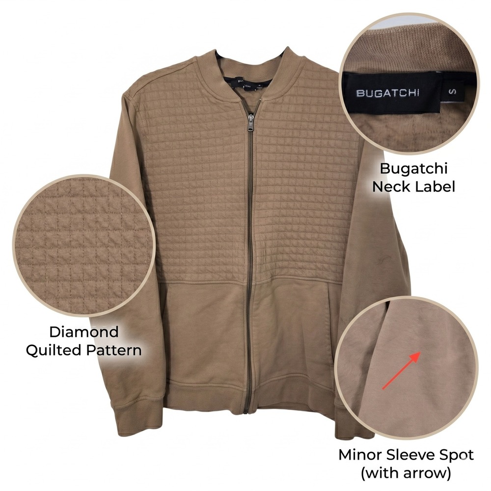 Bugatchi Mens Quilted Full Zip Jacket Sweater‎ Small Tobacco Brown Cotton Luxury